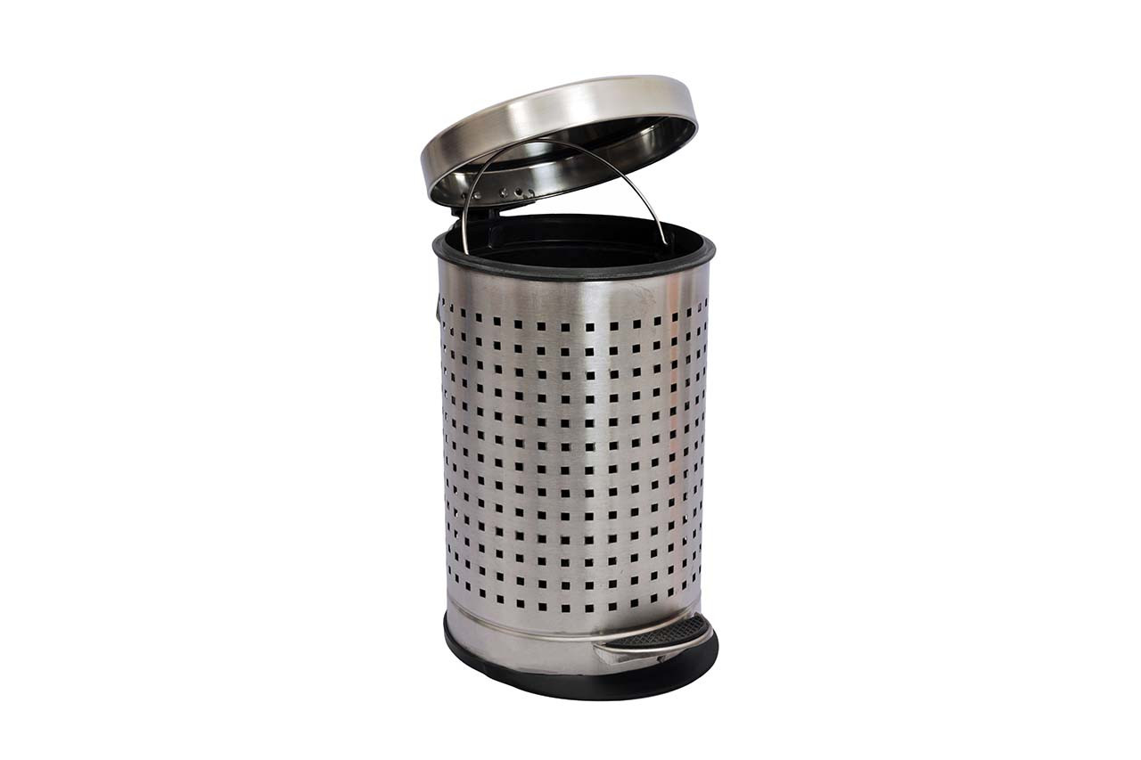 Stainless Steel Perforated Step Trash Can with Lid, Round Pedal Dustbin