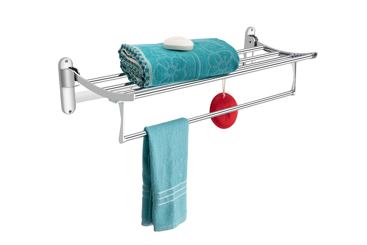 Folding Towel Rack, Wall-Mounted, Chrome-Plated, with Shelf and Towel Bar