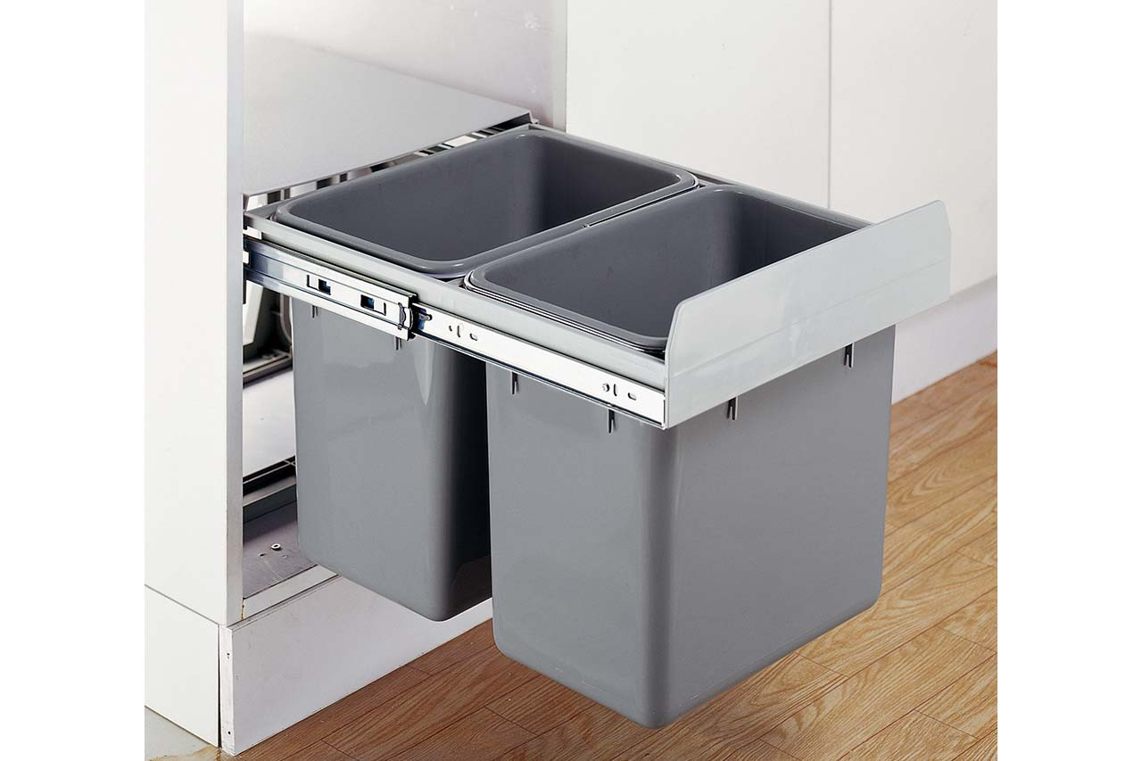 Pull-Out Trash Bin System, Double Waste Container, Gray