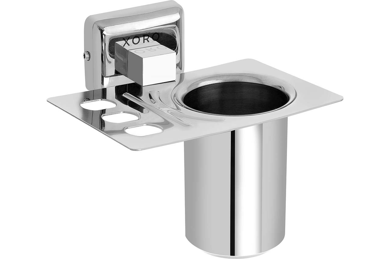 Wall-Mounted Toothbrush Tumbler Holder with Storage Tray, Chrome Silver