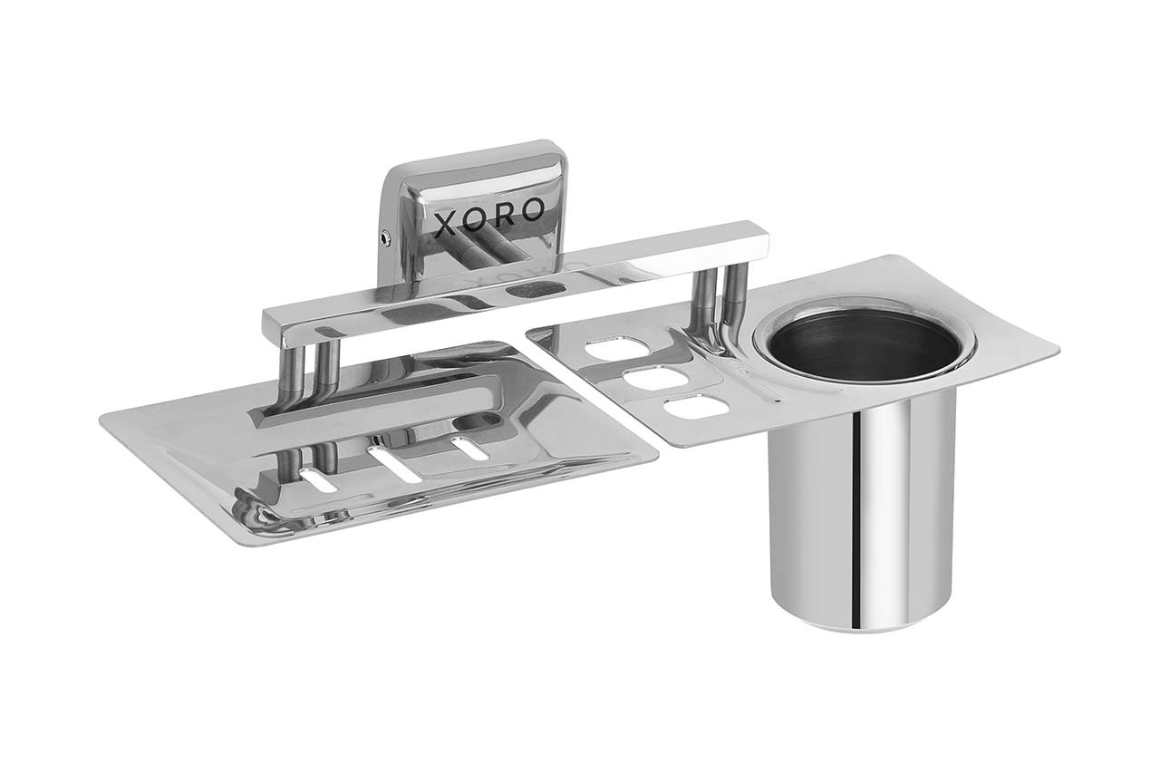 Bathroom Soap Holder with Tumbler, Wall-Mounted, Chrome Silver