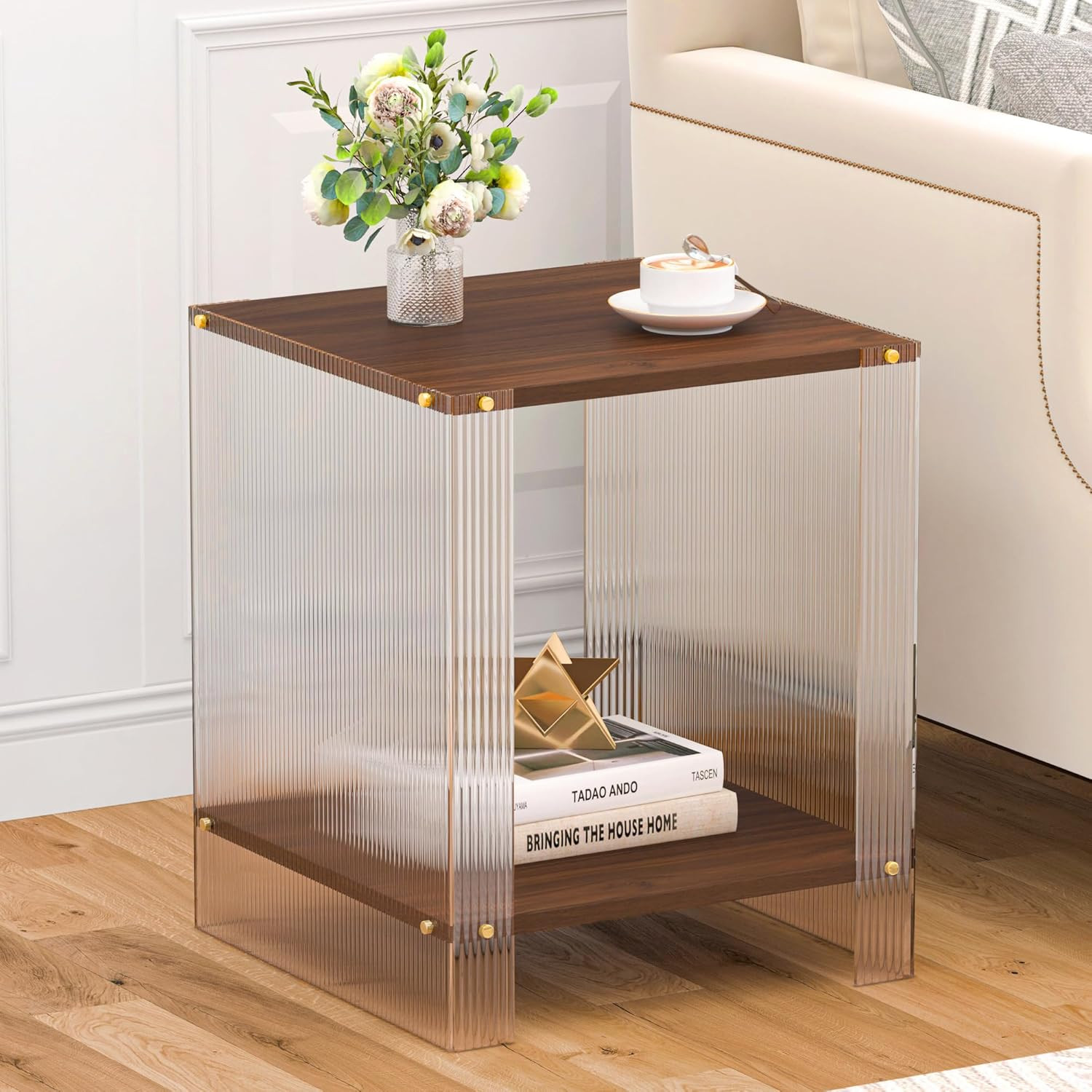 Walnut Acrylic Nightstand Bedside Table