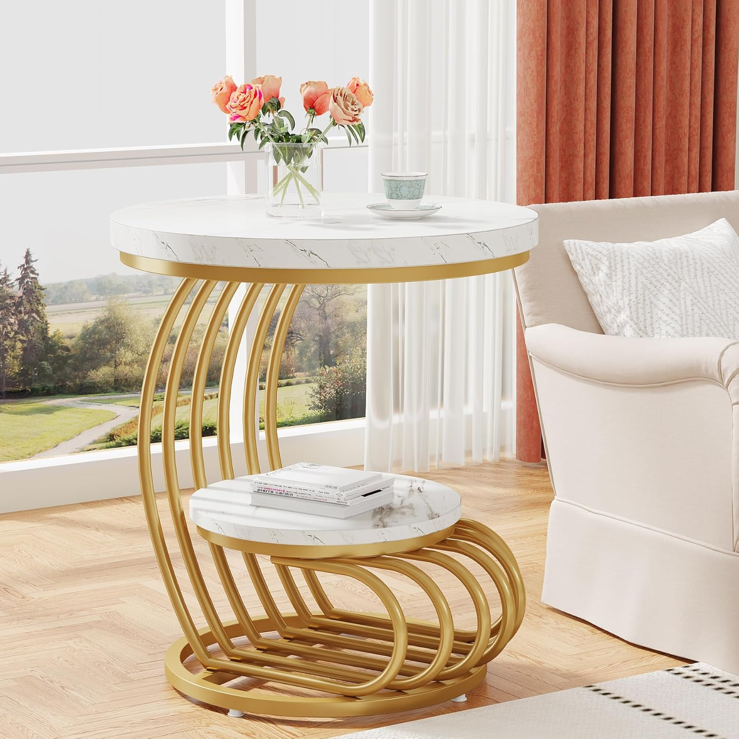 Gold Round End Table: 2 Tiers Faux Marble Side Table with Storage Shelf