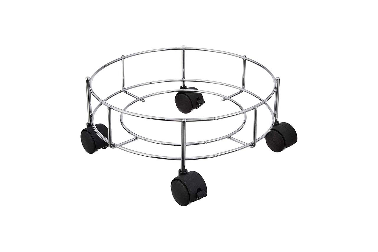 Rolling Plant Stand with Wheels, Chrome Metal Cylinder Trolley, Heavy Duty Indoor Planter Dolly