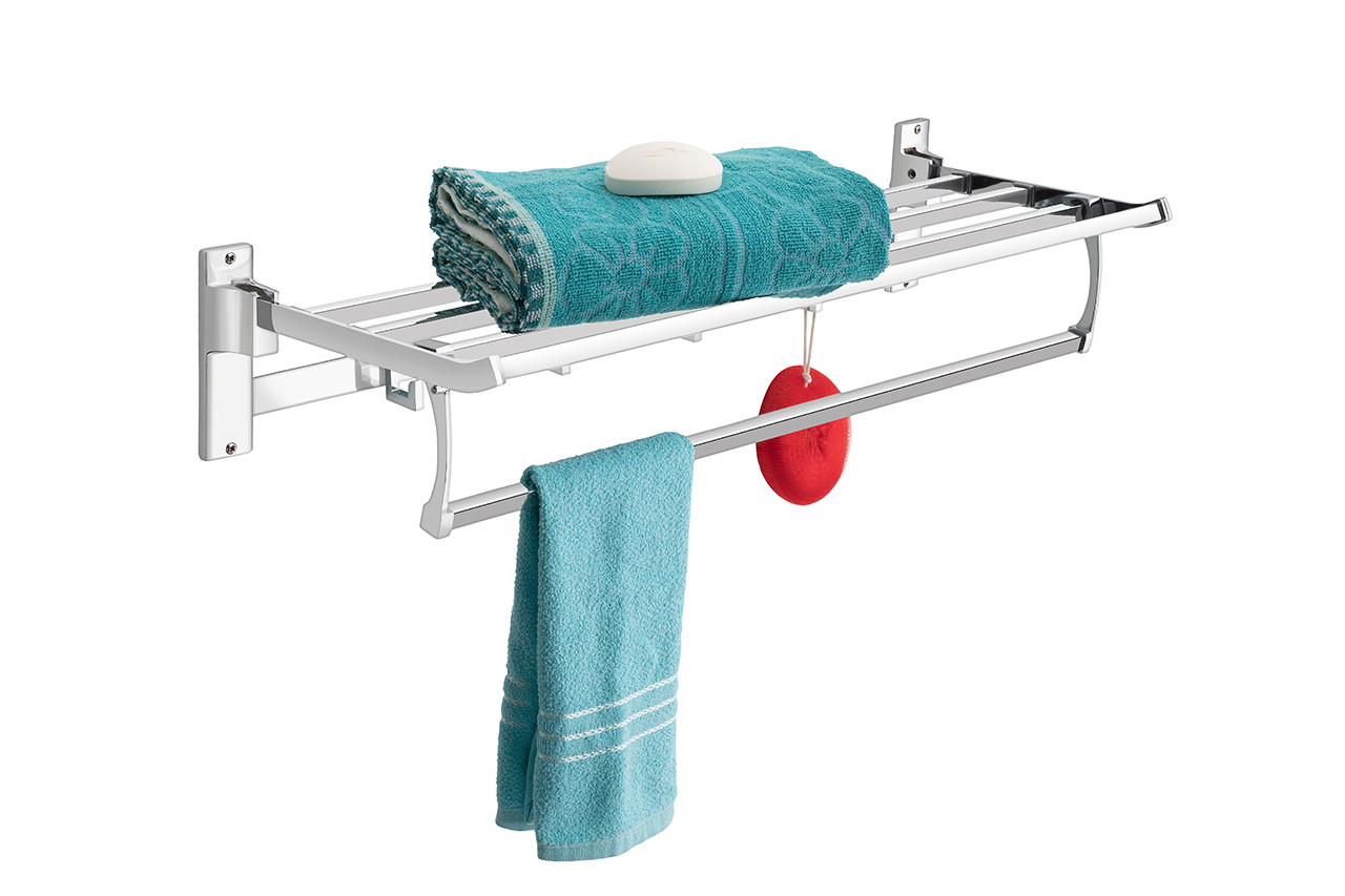 Wall-Mounted Folding Towel Rack, Square Design, Silver Finish, with Storage Shelf and Hanging Bar