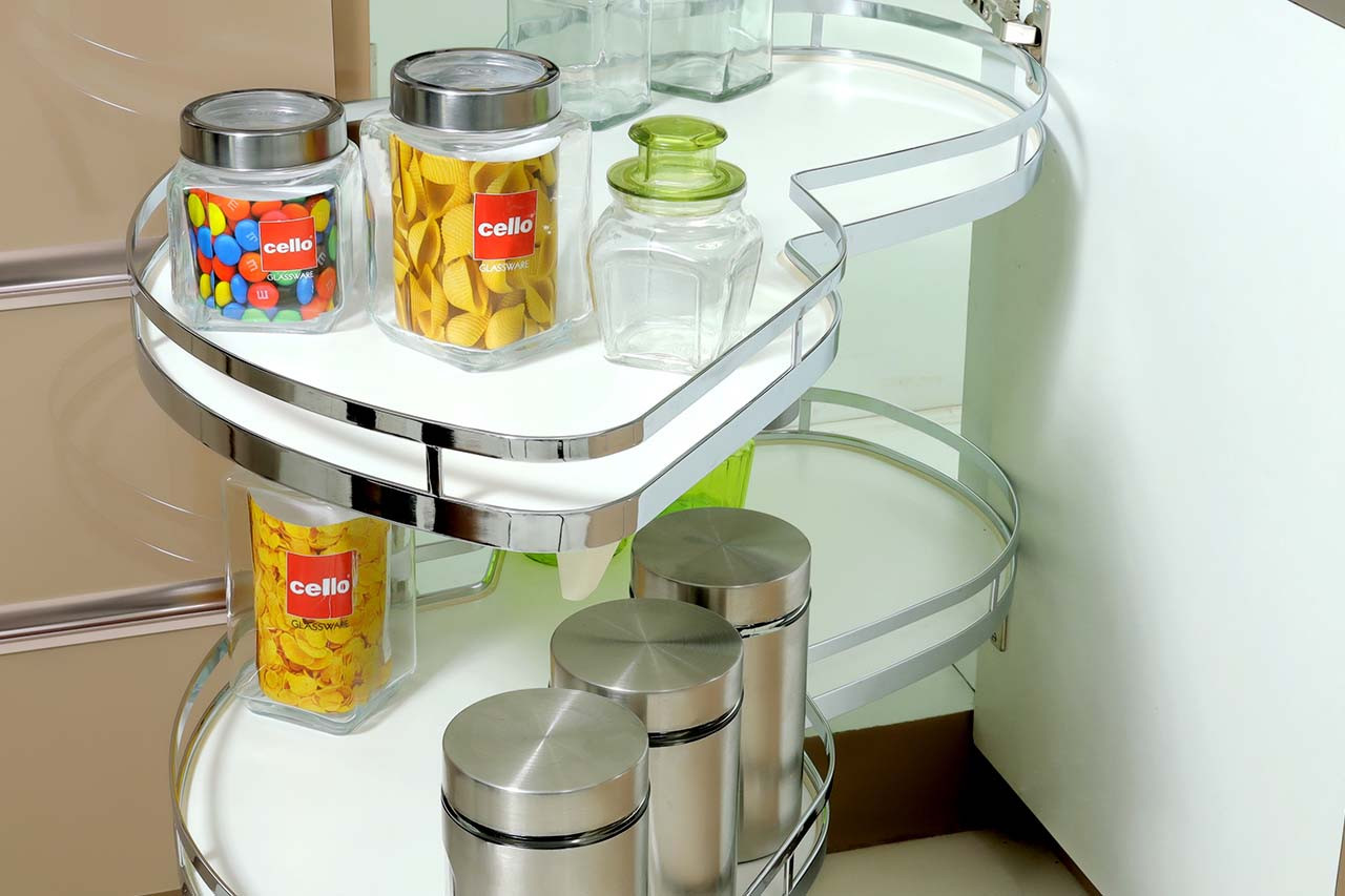 2-Tier Swing Corner Kitchen Organizer, White Wooden Base with Chrome Rails, Storage Shelf for Spice Jars and Containers