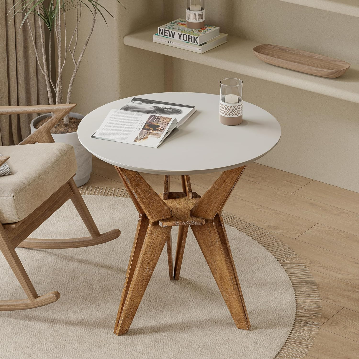 Farmhouse End Table Distressed Wood Side Table Accent Table with White Top and Tripod Base